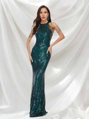 Emerald Green Sequin Mermaid Gown - Beaded Fringe - S/M